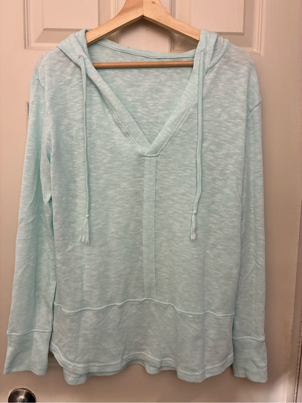Light Blue Hooded V‑Neck Pullover Top EUC